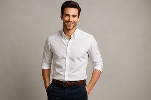 This is a collection photo for mens clothing. Show a man, being handsome in his new clothes